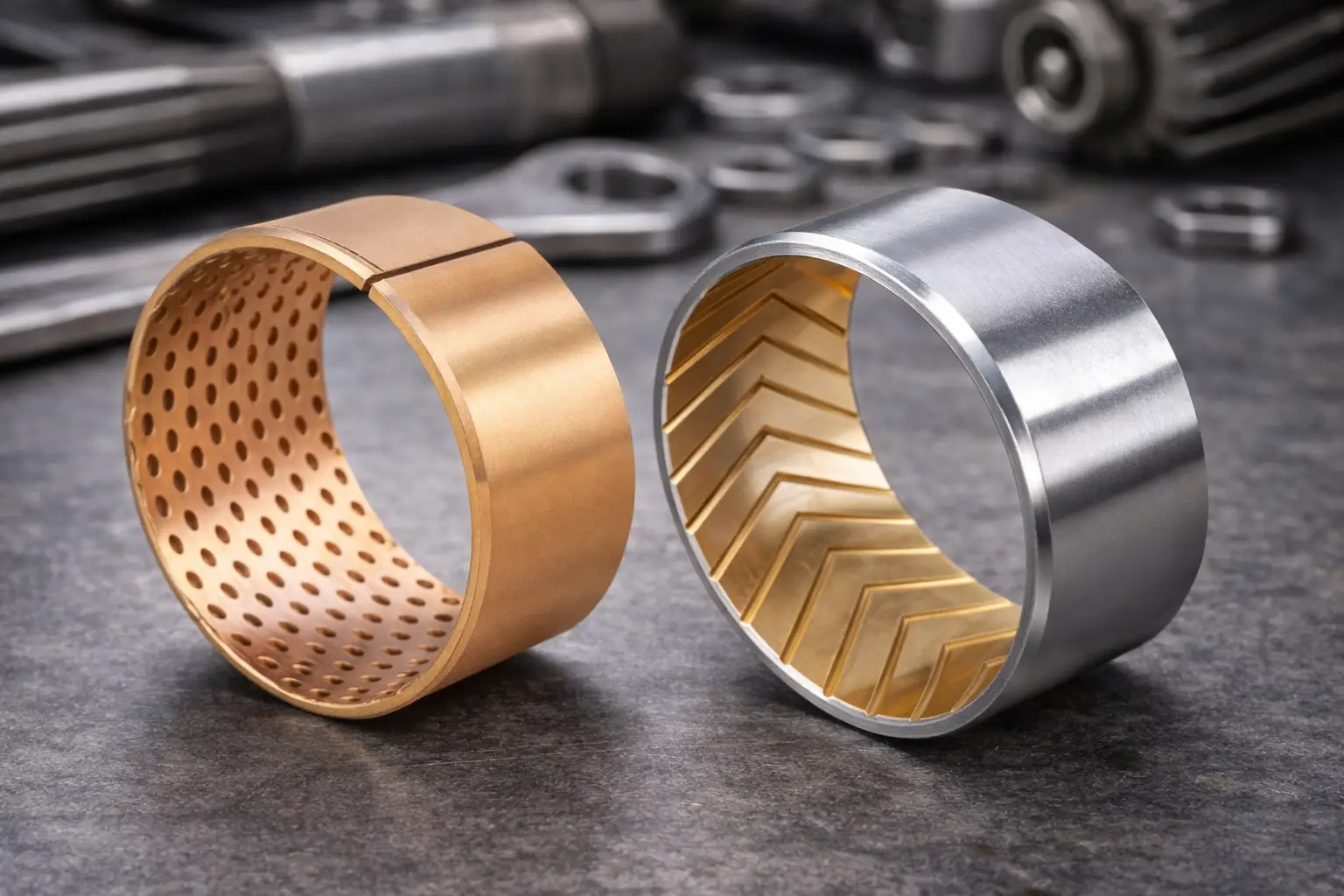 A bimetal bearing next to a wrapped bronze bearing to show the difference in material