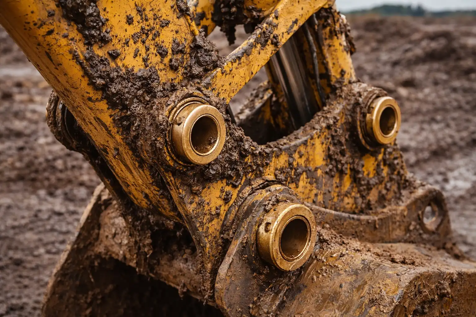 A dirty and muddy piece of construction equipment with visible pivot points