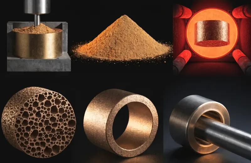 A diagram showing bronze powder being compacted in a press.