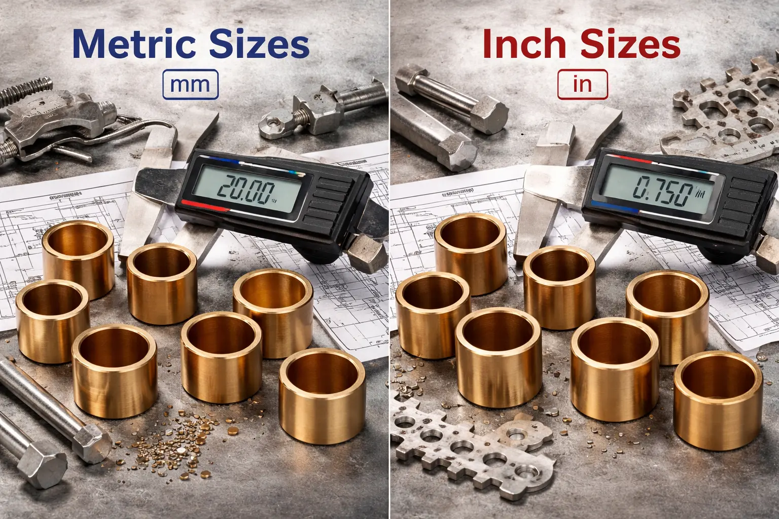 metric and inch bronze bushings side-by-side