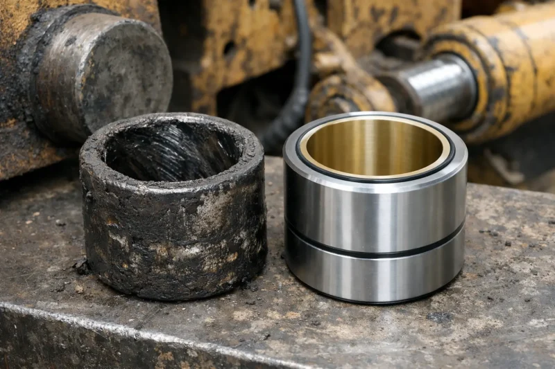 A worn bushing next to a new one, showing its role as a wear part