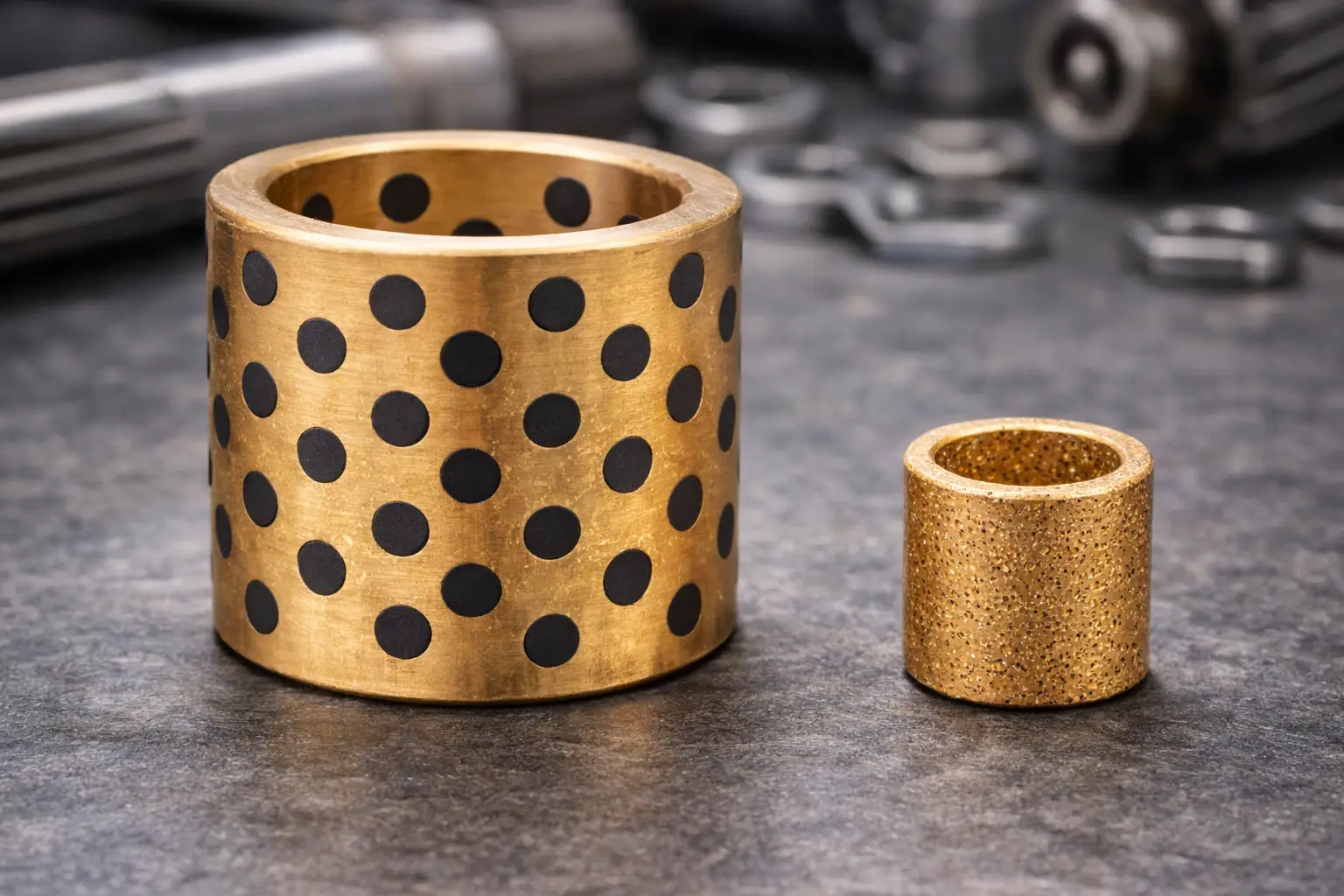 A solid brass bushing with graphite plugs next to a small sintered bearing