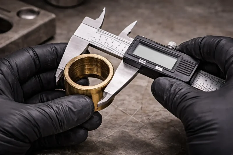 Visual Bushing Inspection A technician inspecting a bushing with a caliper, showing surface damage.