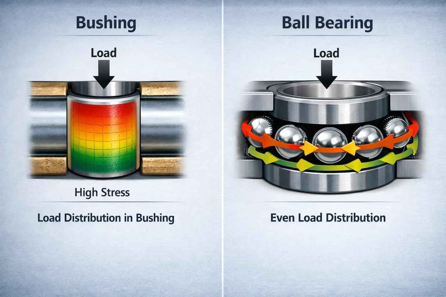 Bushing Load Distribution Diagram showing load distribution in a bushing versus a ball bearing