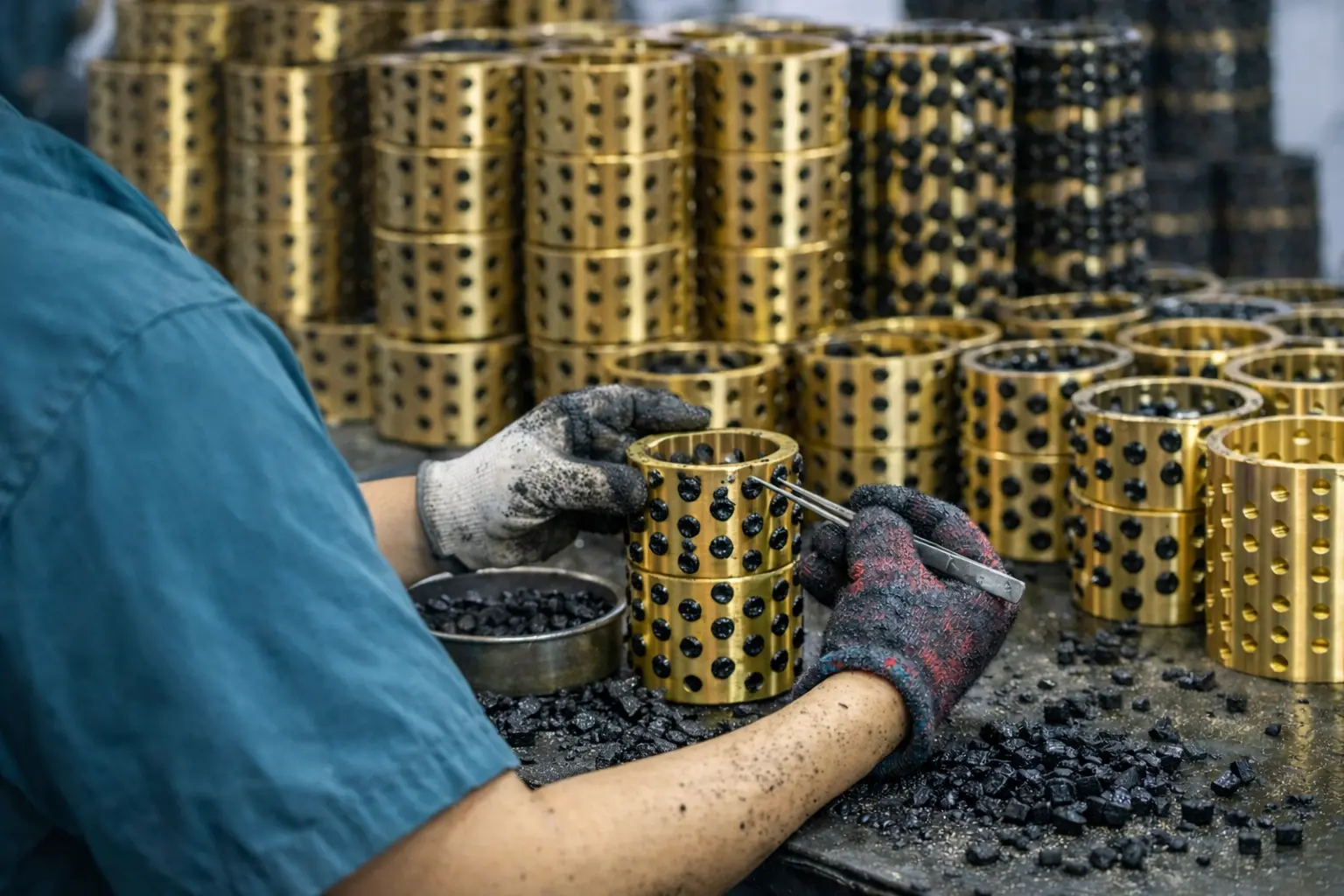 A cutaway view showing a graphite-plugged bronze bushing