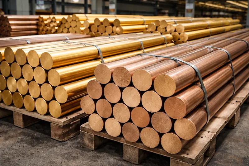 Base Materials for Graphite Bushings Different raw metal bars, like brass and bronze, lined up in a factory warehouse.