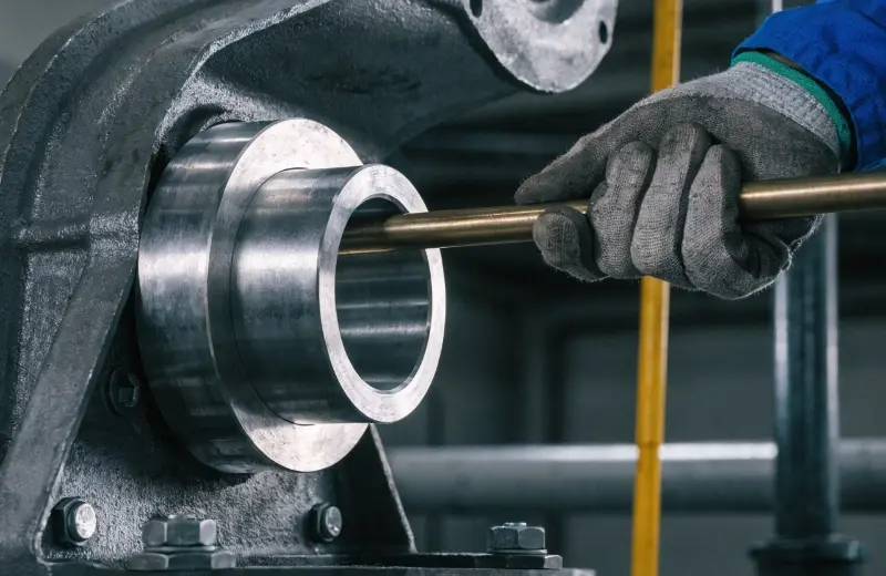 An image showing a flanged bushing being easily installed into a housing, stopping flush