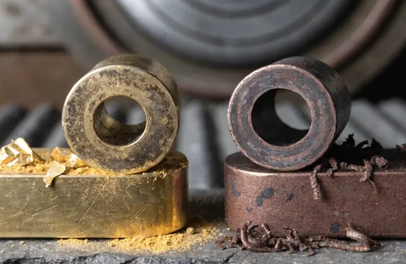 Side-by-side comparison of a brass bar and a bronze bar showing color difference