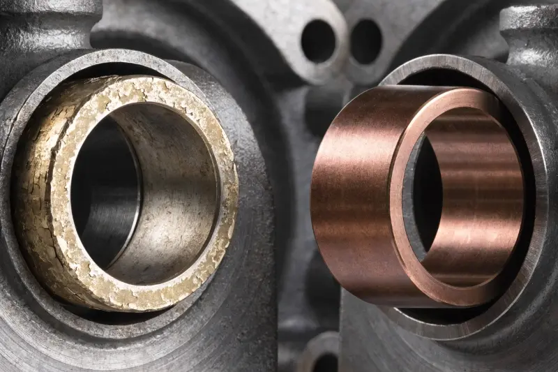 A failed, deformed brass part next to a new bronze part