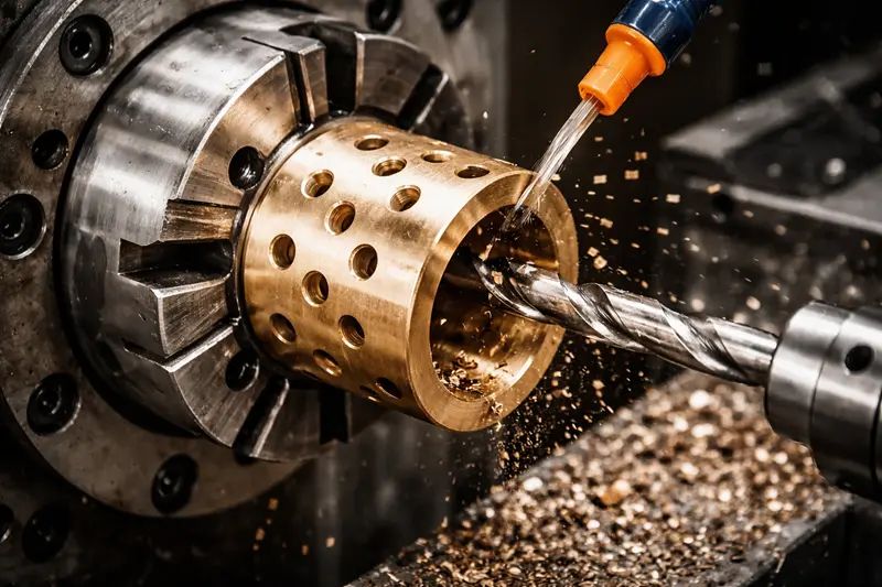 Machining Holes for Graphite Plugs A CNC machine drilling precise holes into a bronze bushing.