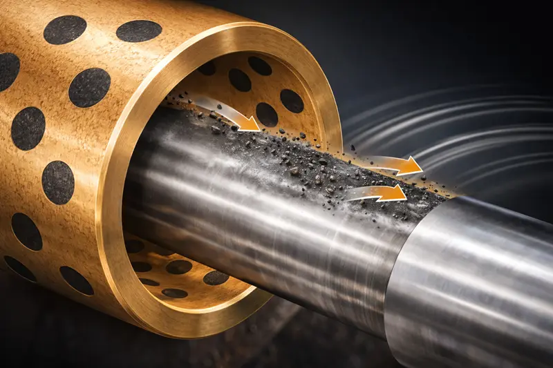 Self-Lubricating Mechanism of Graphite Bushings An animated diagram showing graphite transferring from the bushing to a rotating shaft, forming a thin film.