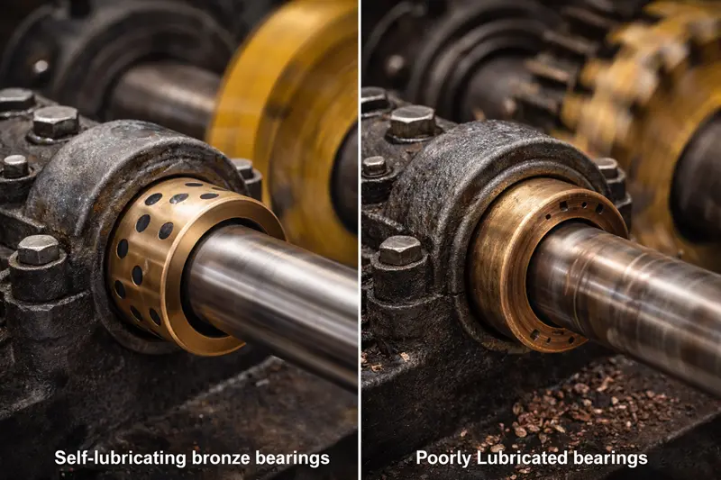 A diagram showing smooth rotation with a self-lubricating bearing versus jerky 'stick-slip' motion with a poorly lubricated one.