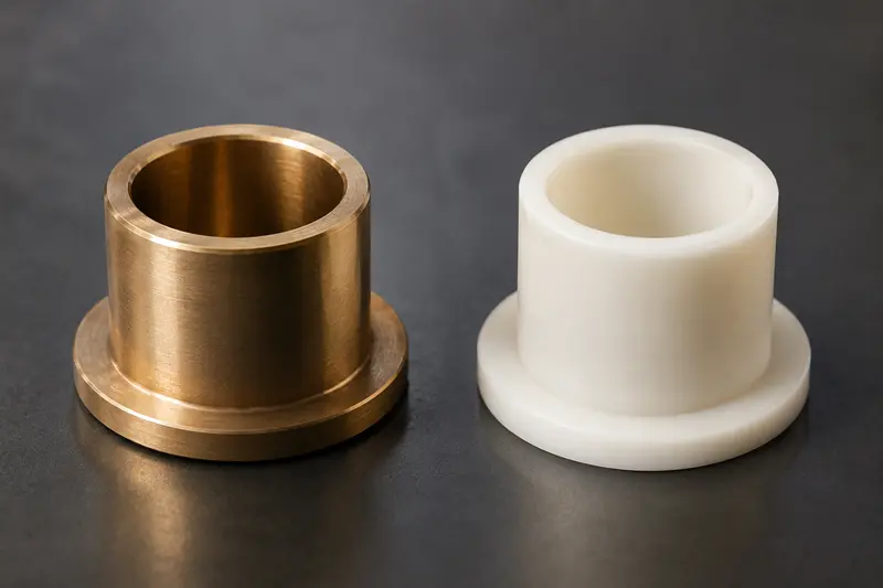 Bronze bushing vs plastic bushing side by side