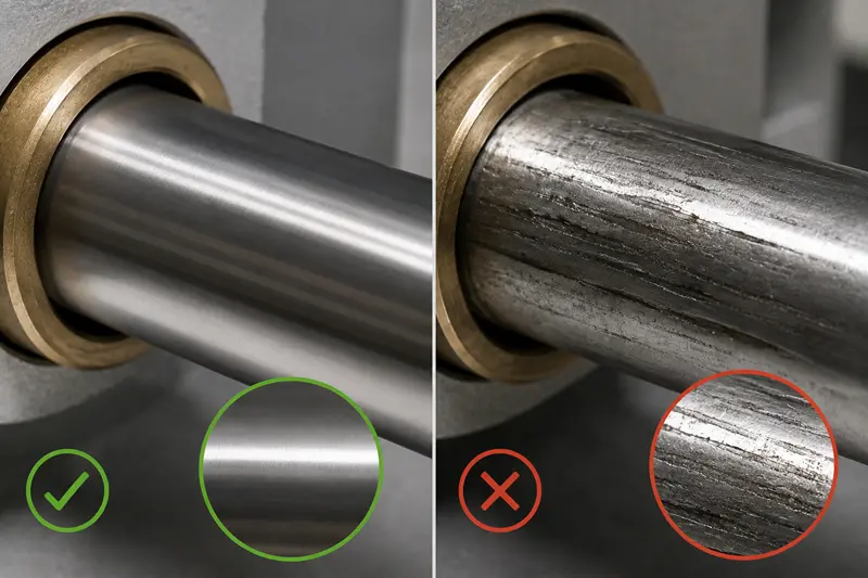 A close-up image showing a smooth, polished shaft surface versus a rough, scored shaft surface.