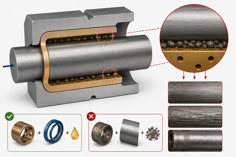 An illustration of abrasive particles getting trapped between a shaft and a bushing.