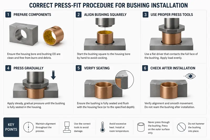 A diagram showing the correct press-fit procedure for a bushing into a housing.