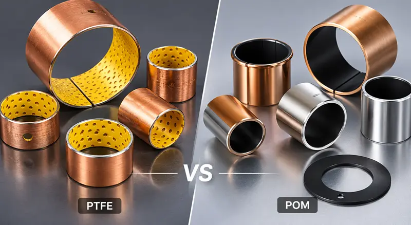 A split image showing a PTFE bushing on one side and a POM bushing on the other