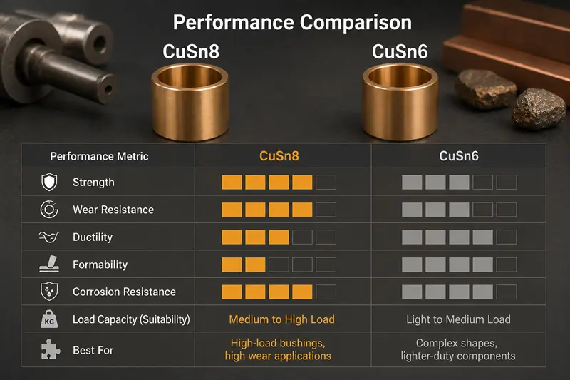 A chart comparing the performance metrics of CuSn8 and CuSn6