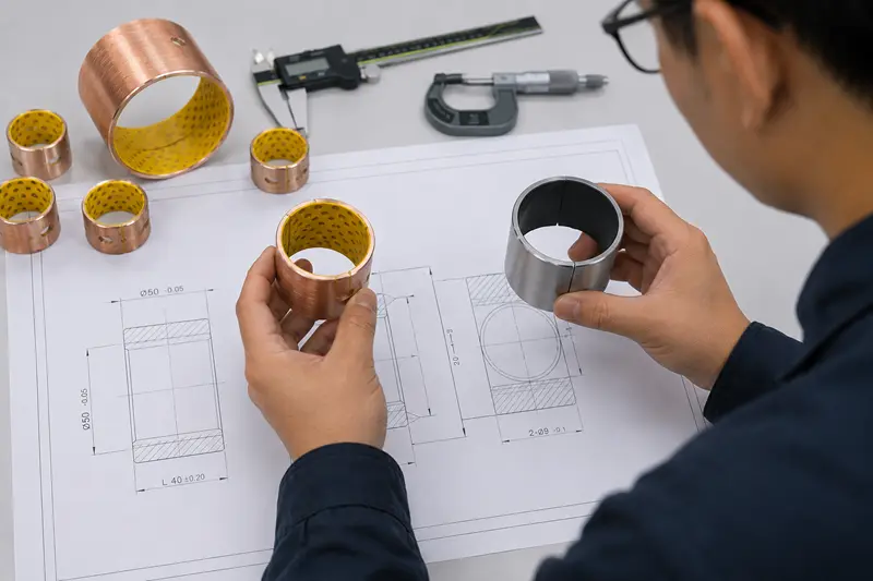 An engineer measuring a shaft with calipers next to a technical drawing