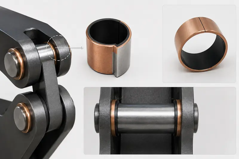 An animated diagram showing a PTFE lined bushing in a hinge mechanism