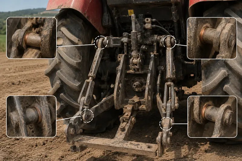 Bimetal Bushing in Agricultural Machinery A bimetal bushing on a tractor linkage, covered in dust and grime but still functional