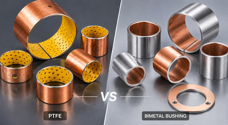 A split view showing a bimetal bushing on one side and a composite PTFE bushing on the other.