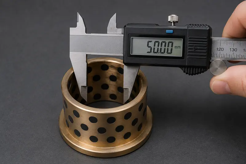 A caliper measuring the inner diameter of a flange bushing