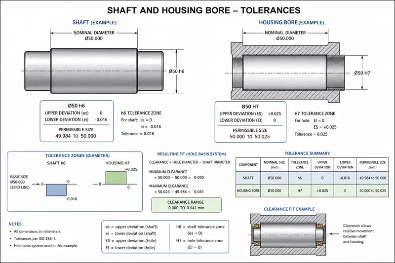 A technical drawing showing shaft, bushing, and housing with clearance dimensions.