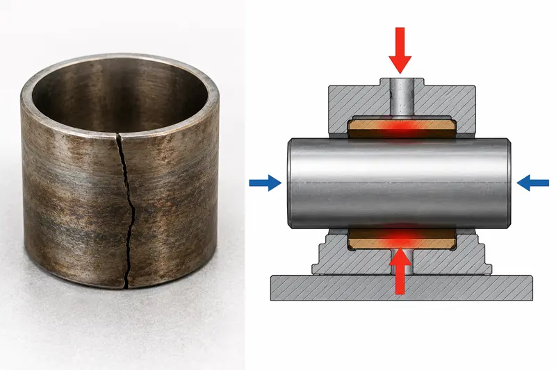 A cracked metal bushing next to a diagram showing load forces