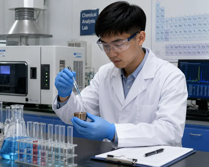 A lab technician performing chemical analysis on a metal sample