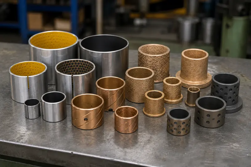 An assortment of bimetal, sintered bronze, and composite bushings on a factory workbench