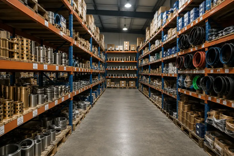 A warehouse with shelves of various industrial parts like bearings, seals, and bushings