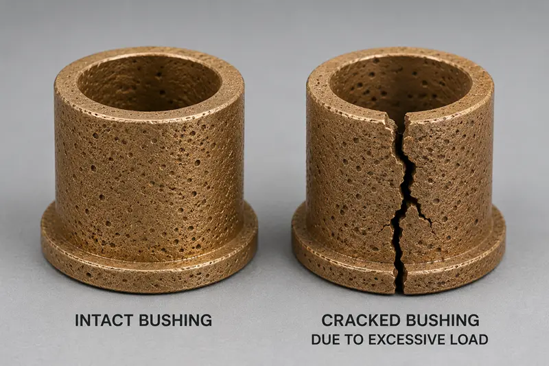 Two bushings, one intact and one cracked due to excessive load