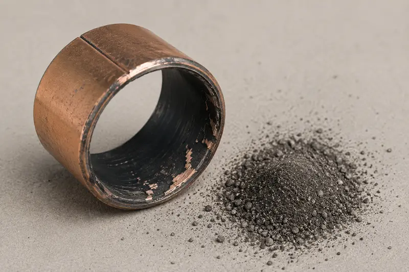 A worn and damaged PTFE lined bushing next to a pile of abrasive dust