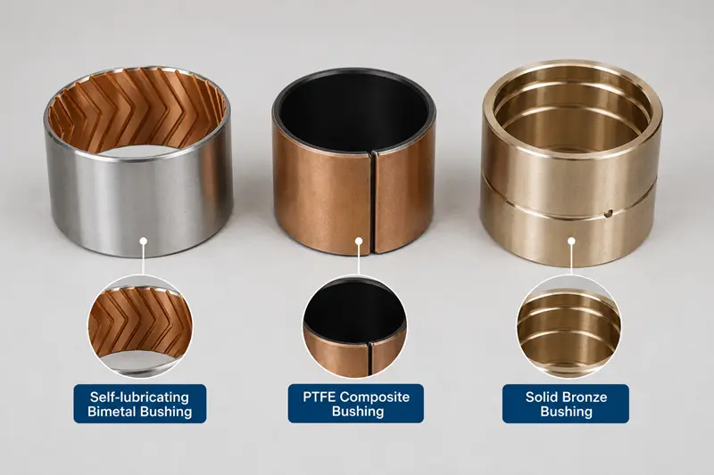 Different Types of Industrial Bushings A comparison photo showing a bimetal bushing, a PTFE bushing, and a solid bronze bushing side-by-side