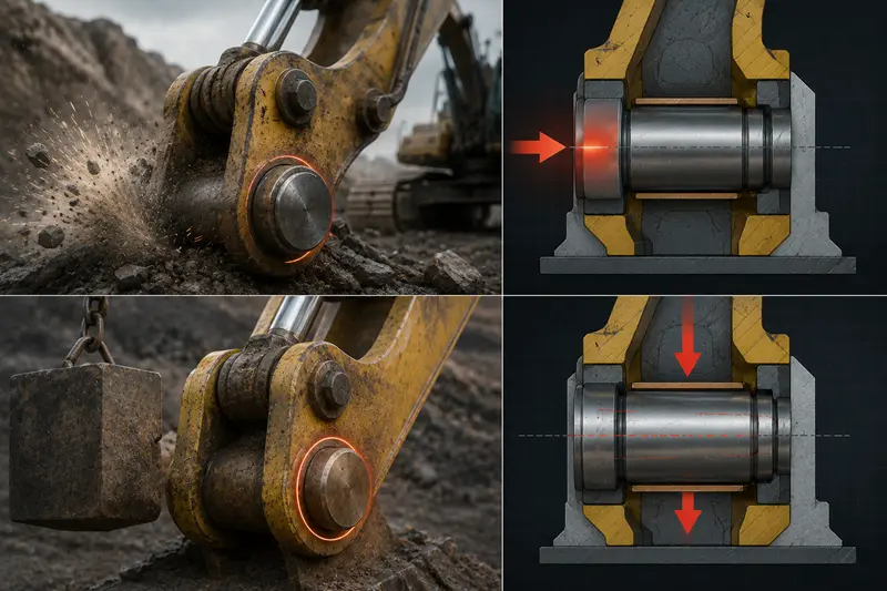 A close-up of a heavy-duty bushing installed in construction machinery covered in dust