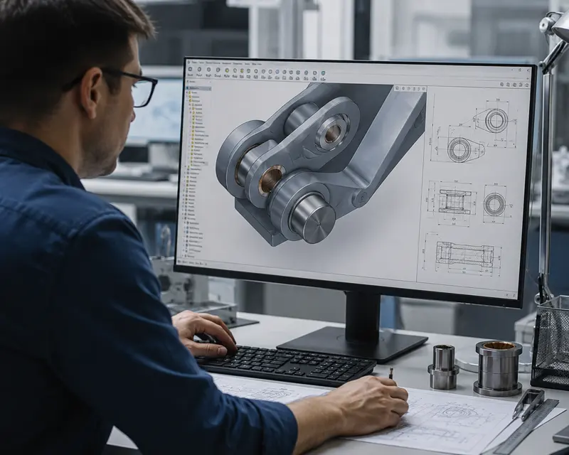 An engineer analyzing a CAD drawing of a mechanical joint