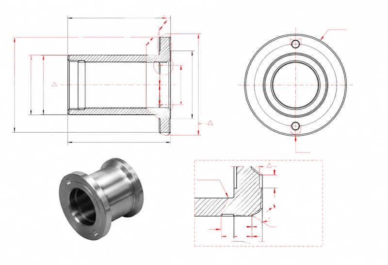 A detailed technical drawing of a flanged bushing on a blue background