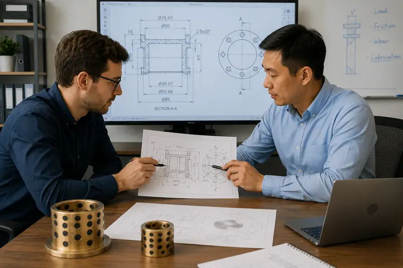 An engineer pointing at a technical blueprint of a bushing