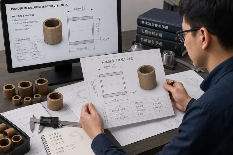 An engineer reviewing technical drawings and specifications for a bushing