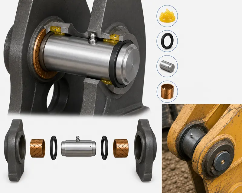 Excavator Bushing System diagram showing bushing, pin, seal, and grease