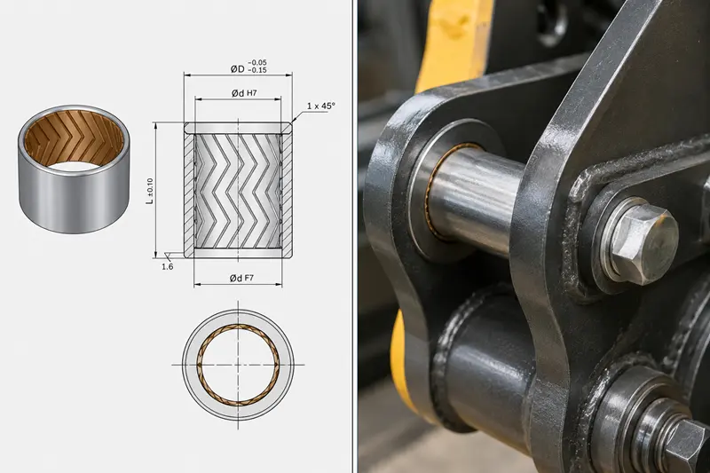 A split image showing a bushing drawing on one side and the bushing installed in a machine on the other