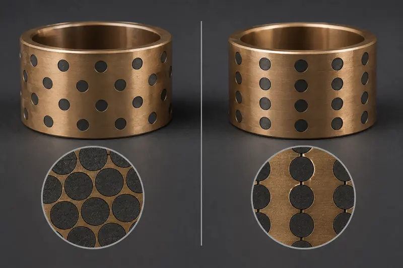 An image comparing a bushing with low graphite coverage to one with high coverage