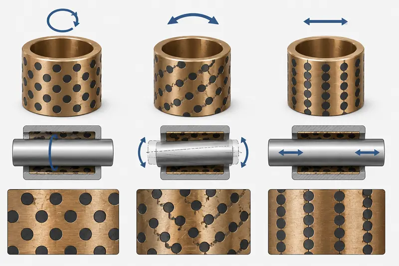 Diagram showing different graphite layouts for rotation, oscillation, and linear motion