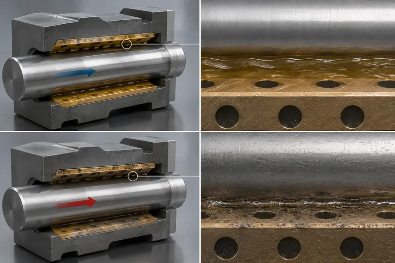An animated diagram showing the difference between hydrodynamic and boundary lubrication