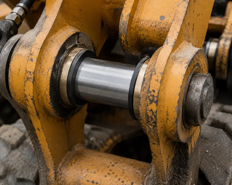 Improving Loader Bushing Service Life A close-up of a heavy-duty loader bushing installed in a pivot point.