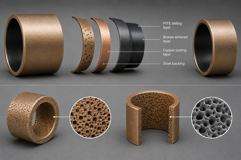 An exploded view showing the layers of a PTFE composite bushing and the porous structure of a sintered bushing.