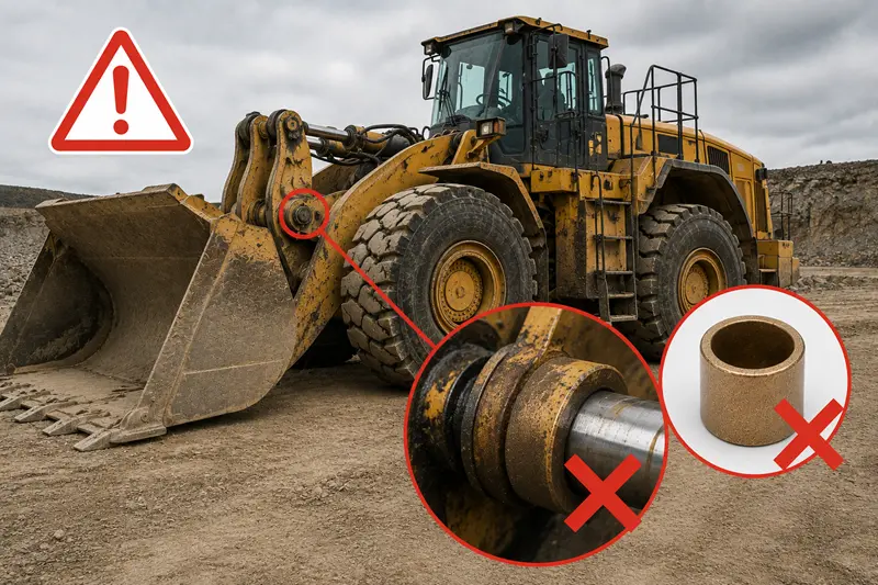 Limitations of Sintered Bronze Bushings A heavy-duty construction machine with a warning symbol over a sintered bushing