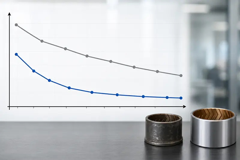 A graph showing total cost of ownership decreasing with a well-designed custom bushing versus a standard part