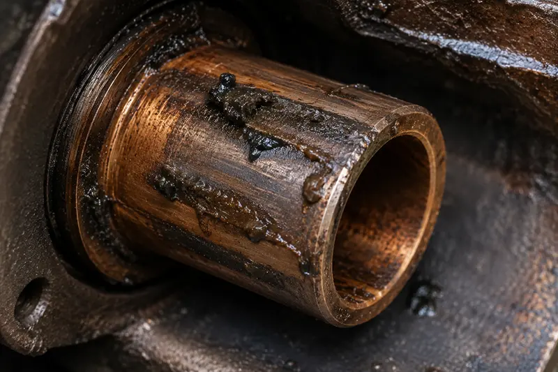 A close-up of a failed bushing showing severe wear and scoring